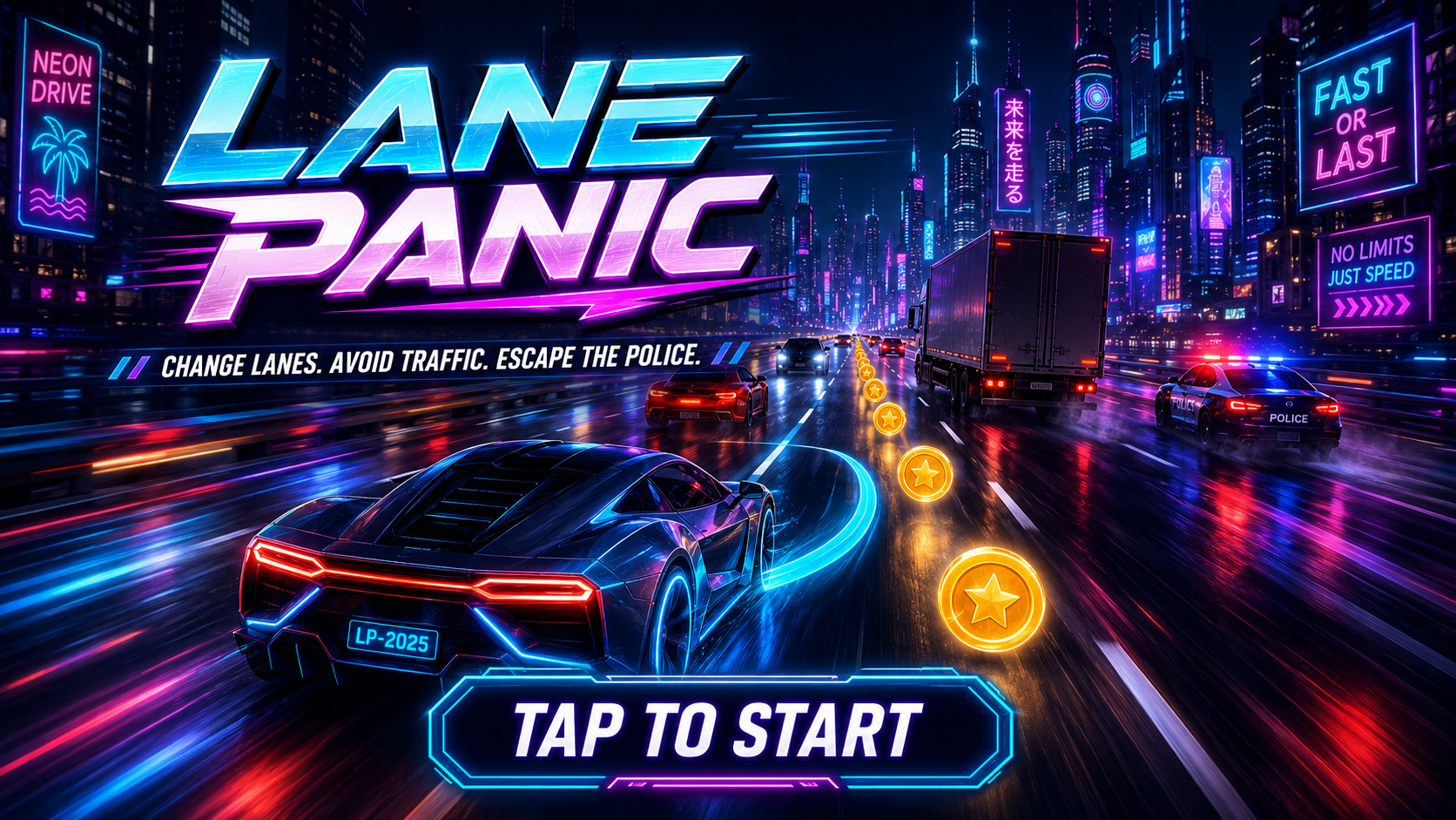 Lane Panic neon highway with traffic and police chase